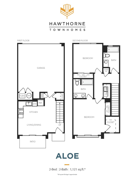 Floor plan for 2 beds, 2 baths, 1121 sqft